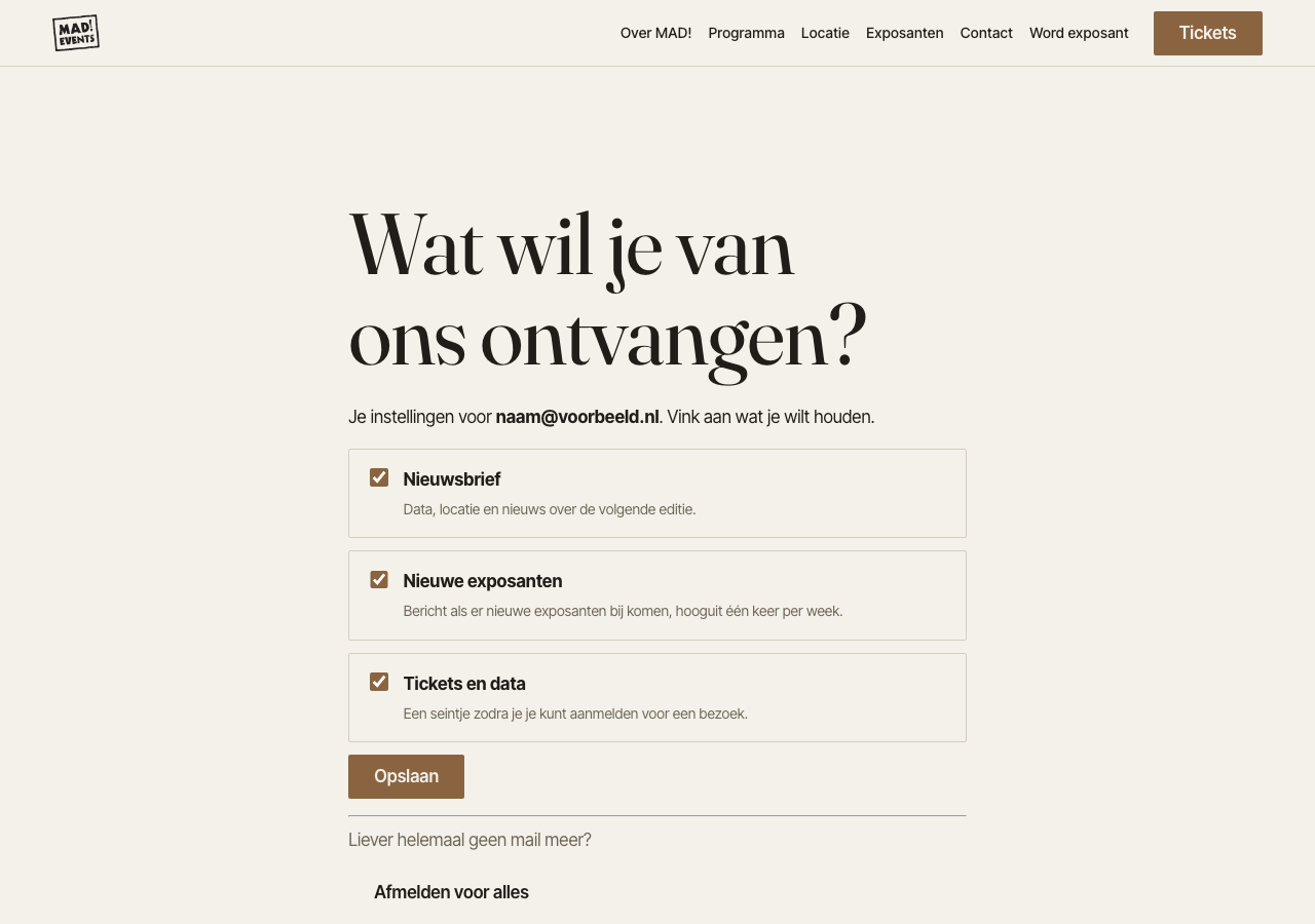 Voorkeurenpagina waarop een ontvanger per onderdeel aan- en uitzet wat hij ontvangt