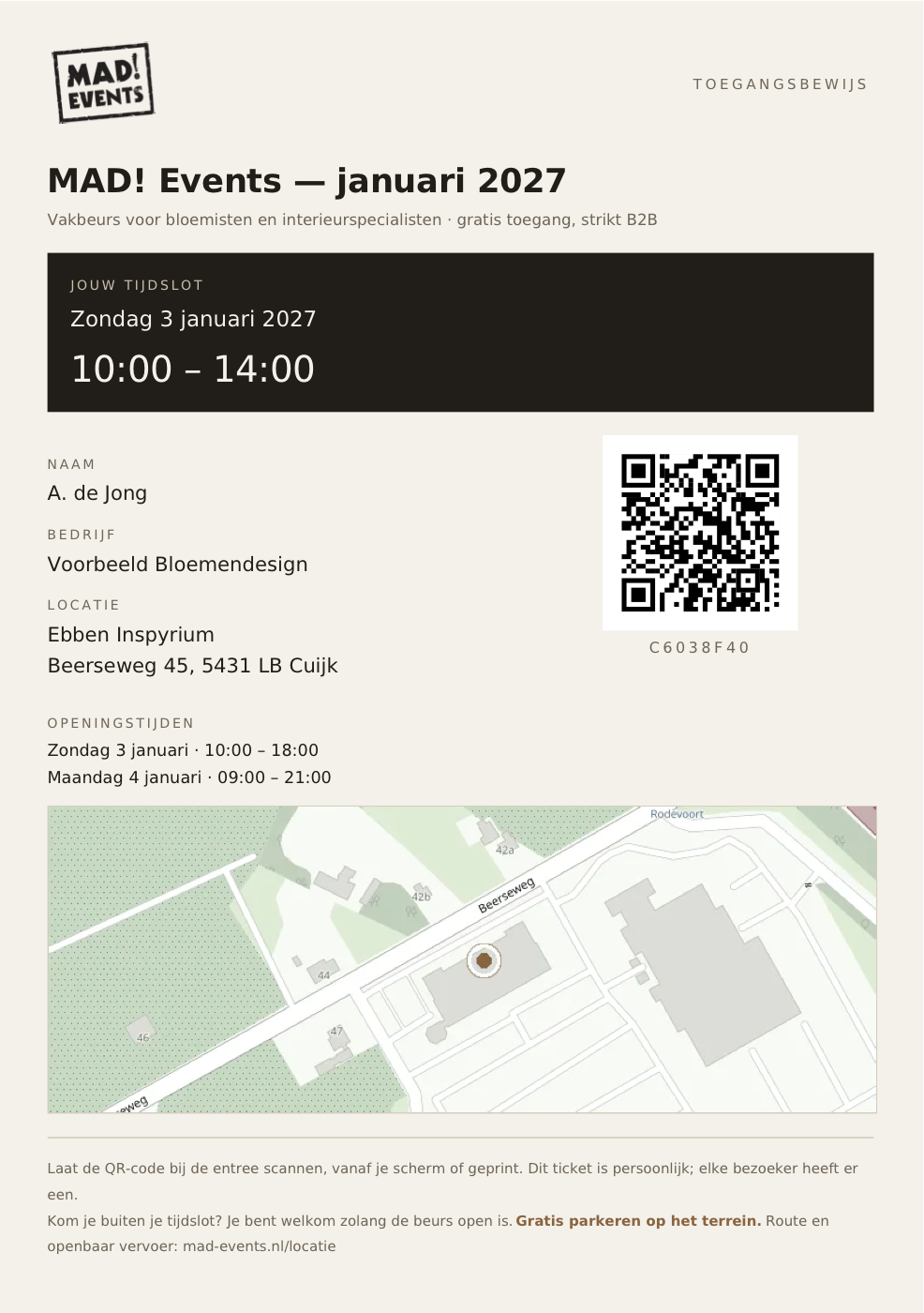 Ticket met tijdslot, QR-code, openingstijden en een kaart van de locatie