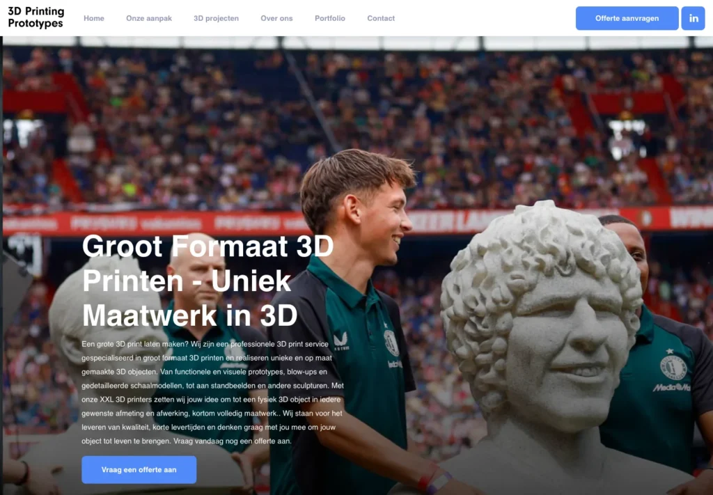 Homepage van 3dprintingprototypes.nl: groot formaat 3D printen, met een levensgroot beeld als bewijs