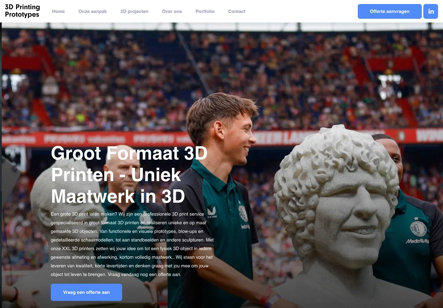 Homepage van 3dprintingprototypes.nl met een levensgroot geprint beeld