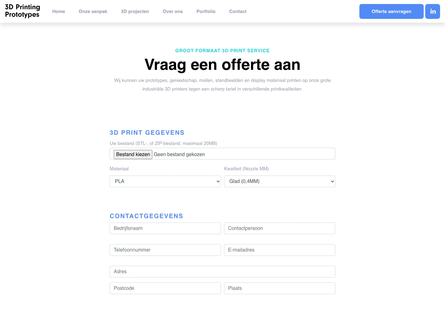 Offerteformulier met upload van het STL-bestand, materiaal en kwaliteit