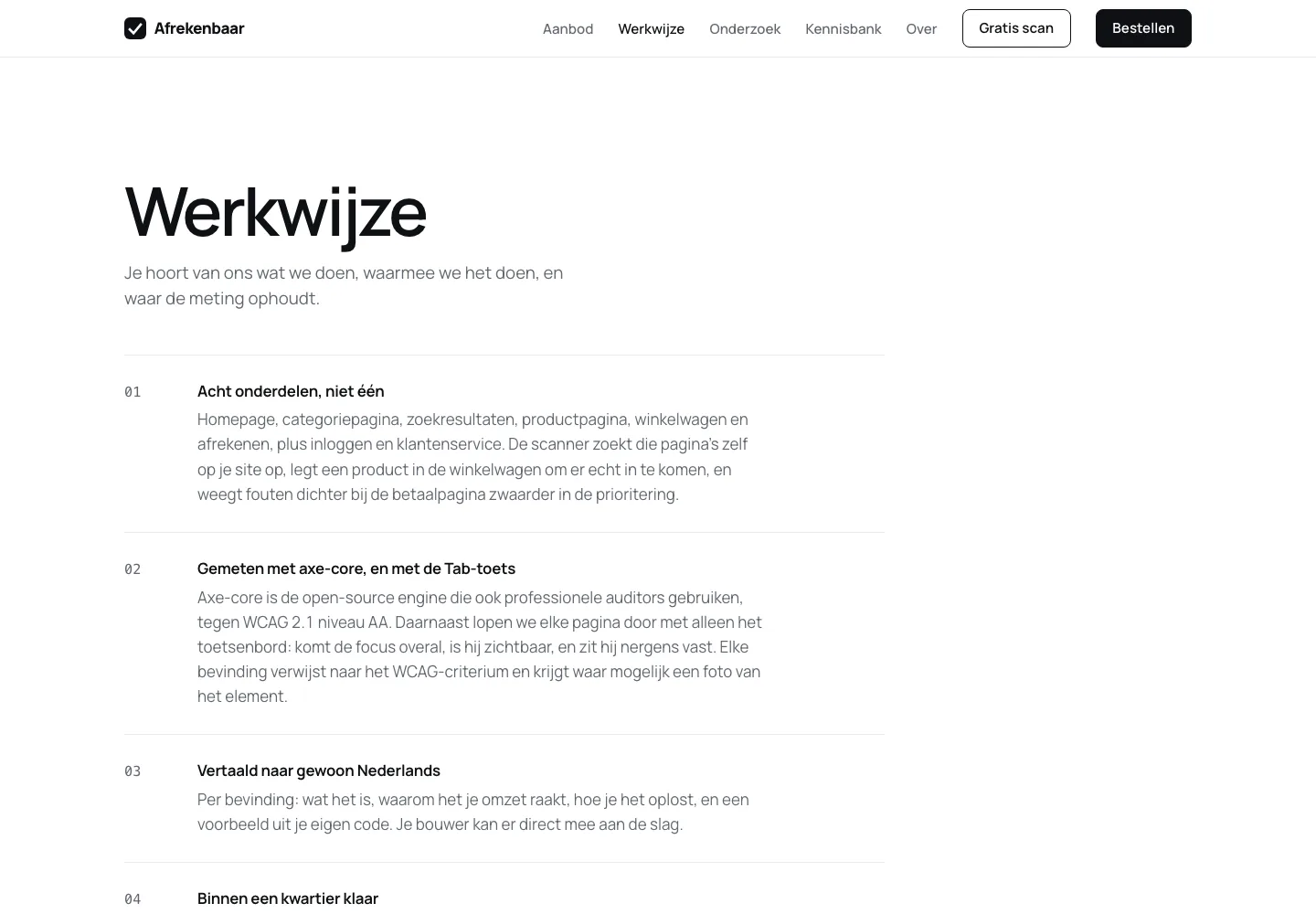 Werkwijze: acht onderdelen, axe-core en de Tab-toets, en waar de meting ophoudt