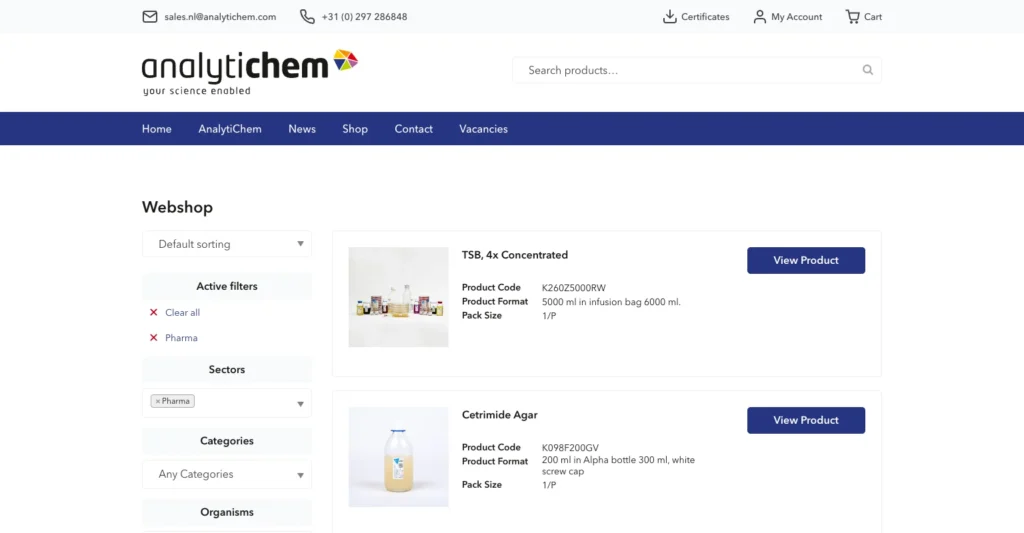 Webshop van biotrading.com met actief filter Pharma en productcode, formaat en verpakking in de lijst