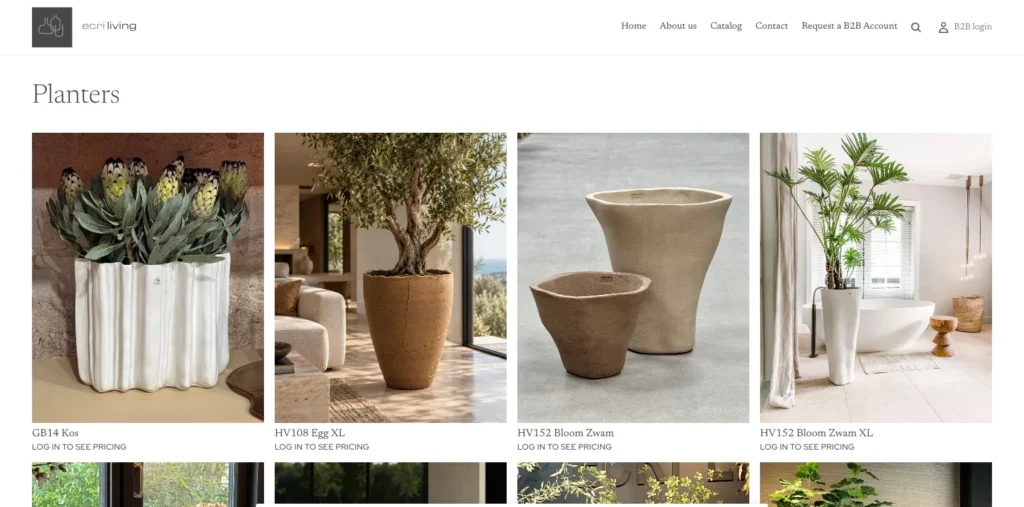 Collectieoverzicht planters op ecriliving.nl; prijzen pas na inloggen