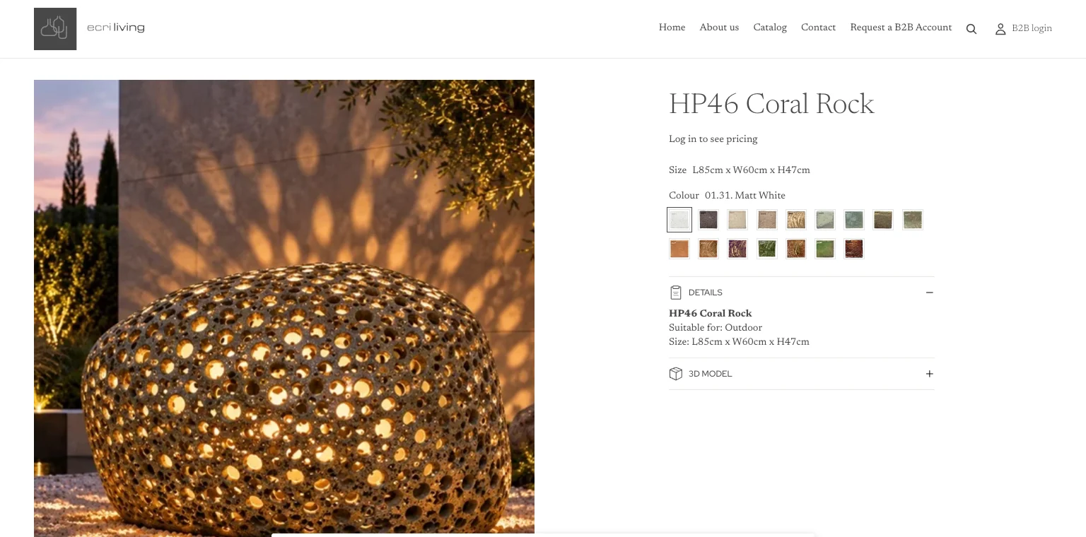 Productpagina HP46 Coral Rock met maten en ruim twintig kleurstalen