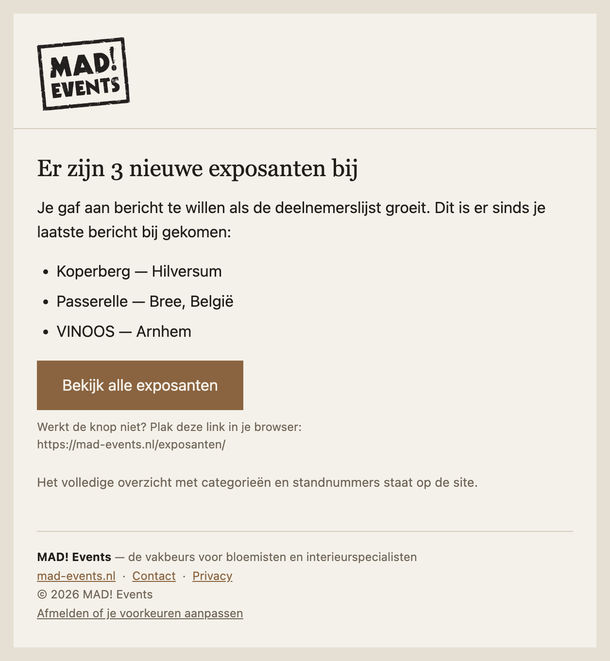 Mail met de exposanten die er die week zijn bijgekomen