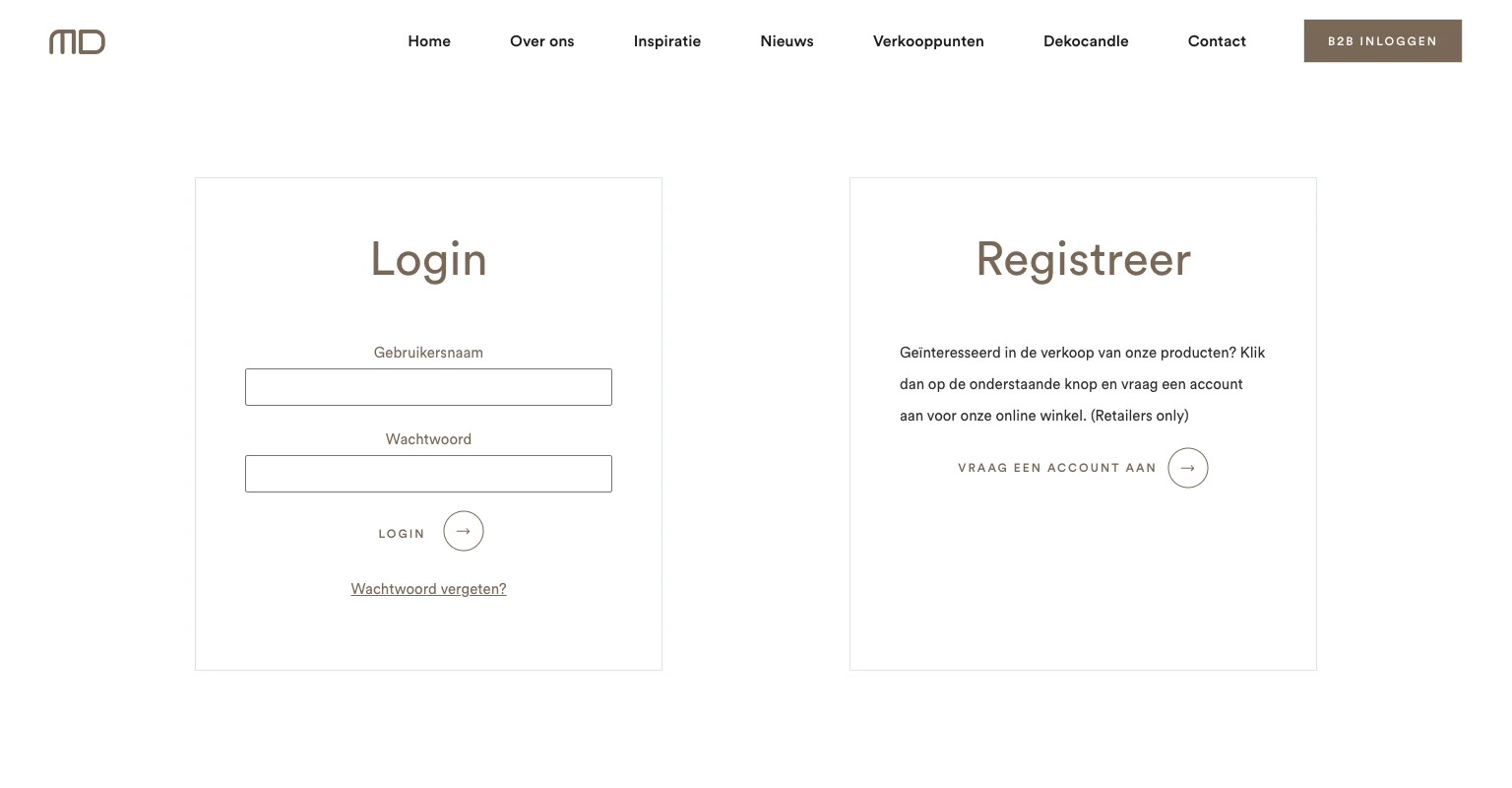 Professionals-pagina van MD: inloggen of een account aanvragen, alleen voor retailers