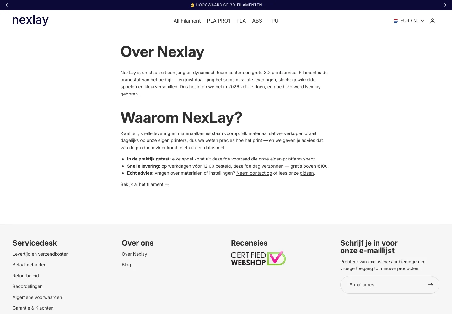 Pagina Over Nexlay: waarom het filament uit eigen productie komt