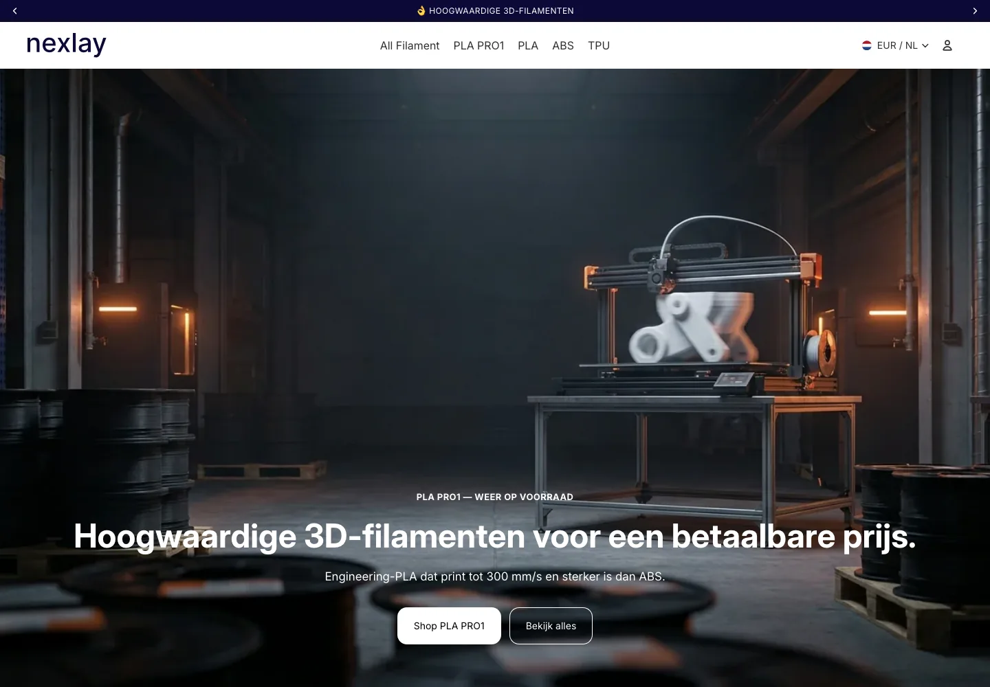 Homepage van nexlay.nl met de filamenten van BEDROCK 3D