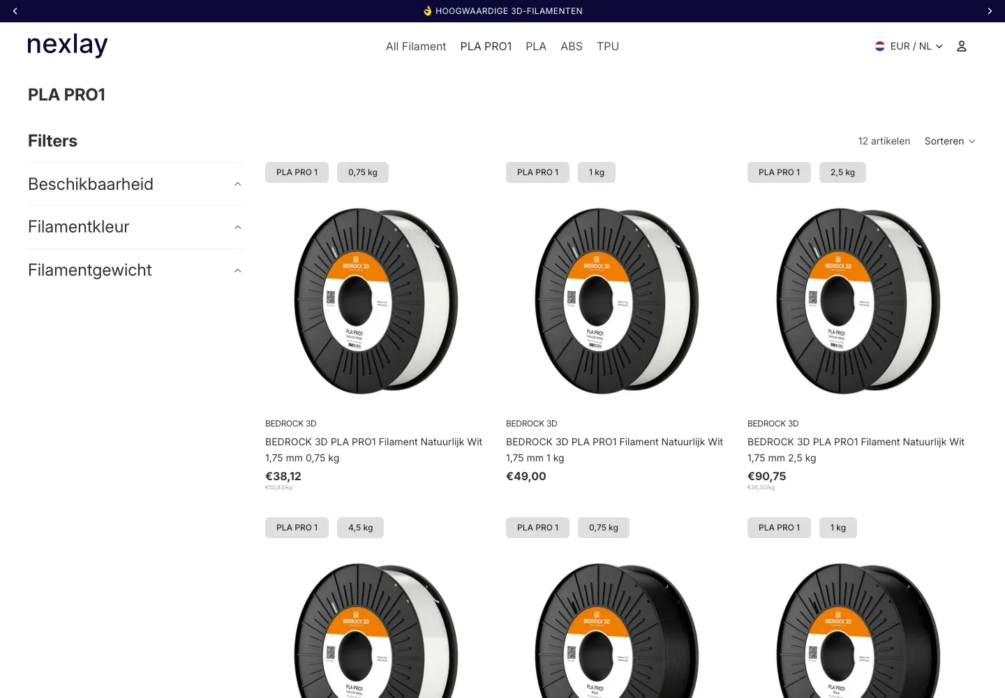 Collectiepagina PLA PRO1 met filters en varianten
