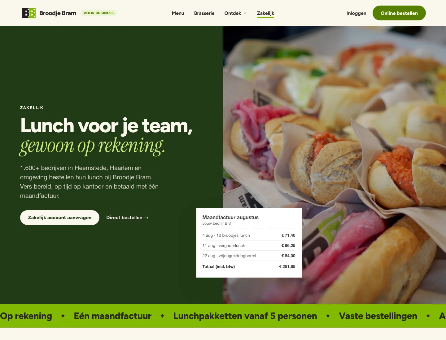 Pagina Zakelijk: lunch voor je team, op rekening, met een voorbeeld van de maandfactuur