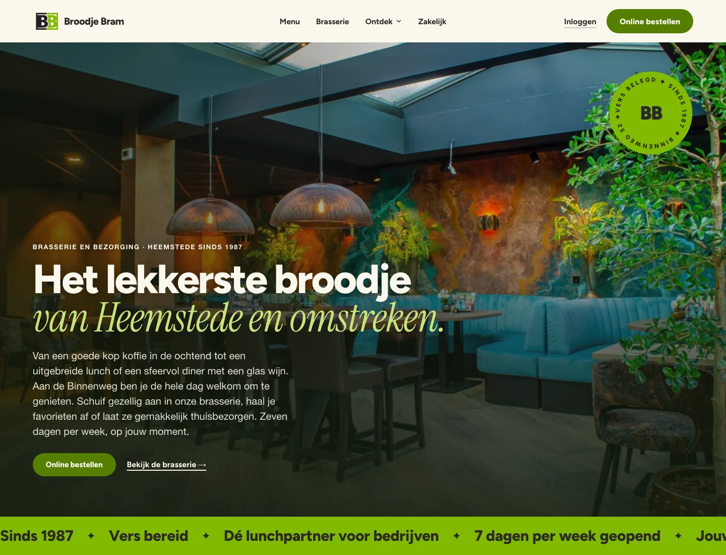 Homepage van broodje-bram.nl: het lekkerste broodje van Heemstede, met de knop Online bestellen